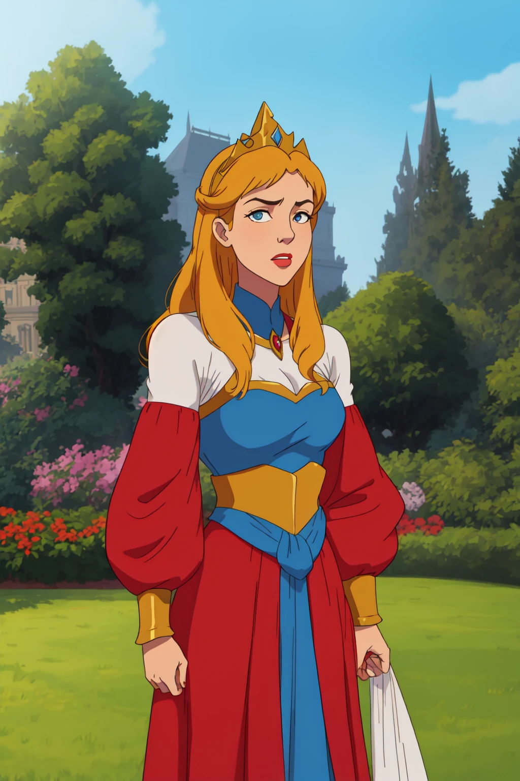 Anglo-Saxon queen wearing crown, at palace garden
