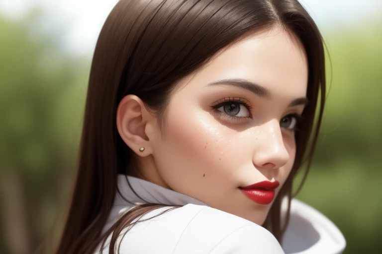 (detailed face, detailed eyes, clear skin, clear eyes), photography, photorealistic, detailed skin, 8k, highly detailed, depth of field, blurry, outdoors, (shiny red lips), (freckles:0.8), woman, mature_female, looking at viewer, depth of field, blurry background, heads together, thick, parted lips, (dirty Acne on forehead:1.2), (long sleeves:1.1),large breasts, flat_nose, do not reak breasts from side