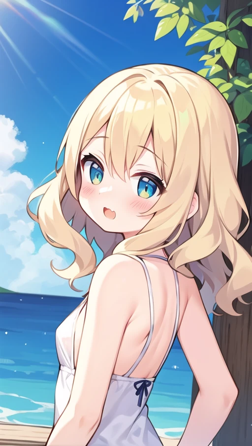 beautiful illustration, cute girl, upper body, blush, surprized, wavy hair, sleeveless, from side,small breasts, outdoor, blond hair