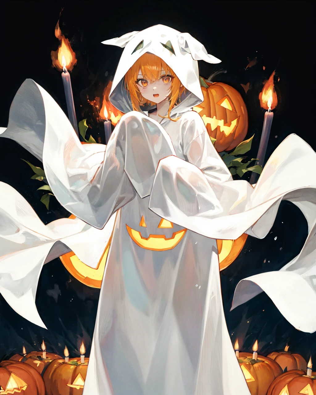ghost costume, candle, jack-o'-lantern, pumpkin, solo, signature, fire, black background, , <lora:GhostCostumeV1:1>,1girl,sleeves past wrists, standing,