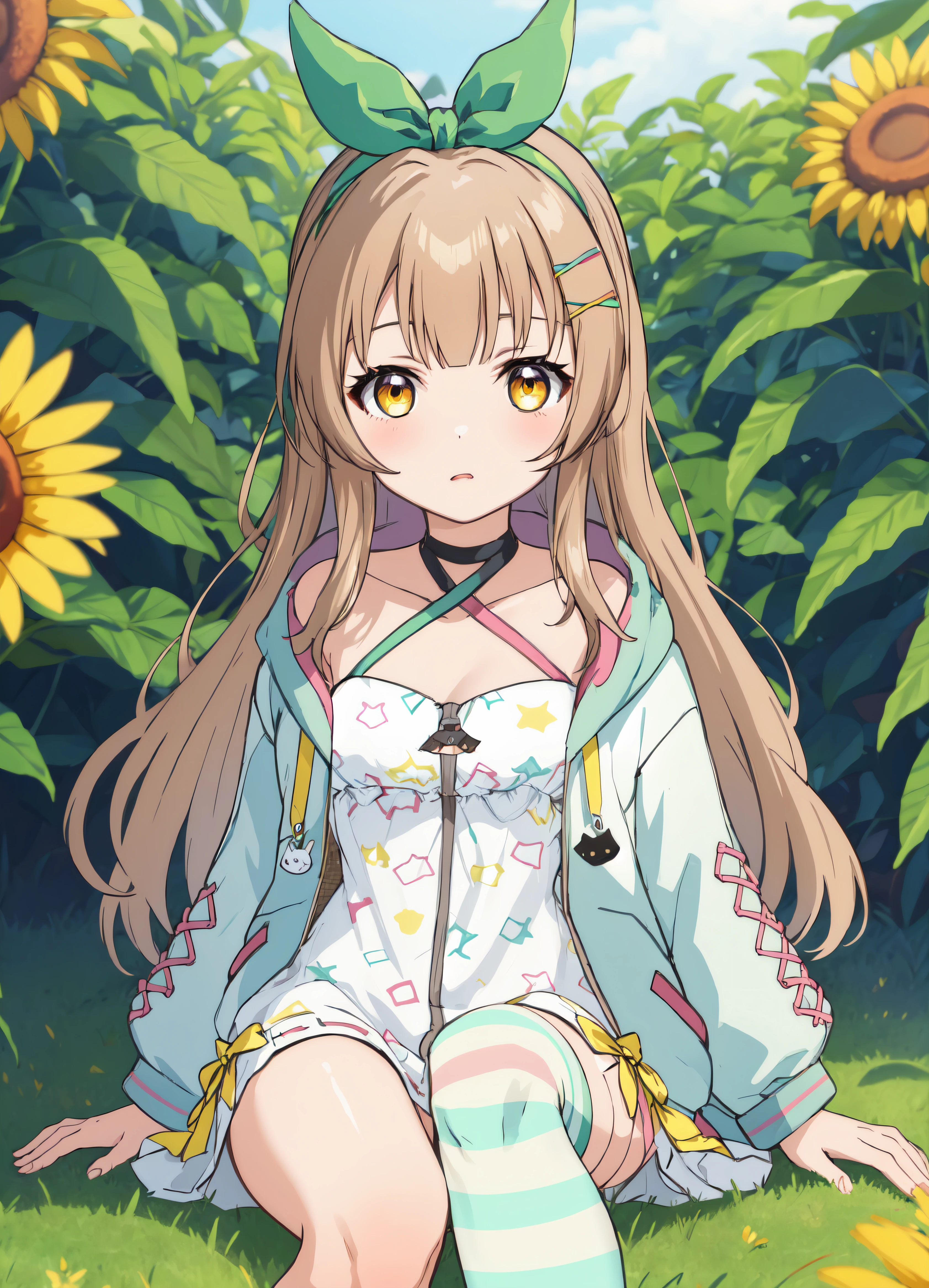 <lora:smeluj:0.8><lora:NanahiraLORAV3:1>nanahi, (anime screencap style), 1girl, solo, sharp focus, absurdres, best quality, long hair, bangs, blunt bangs, light brown hair, relaxing, outdoors, sunflower field, cute, innocent, virtual youtuber, white dress, x hair ornament, striped thighhigh, single thighhigh, open jacket, yellow eyes, hair ribbon, looking at viewer, puffy long sleeves, green jacket, small breasts, collarbone, criss-cross halter, black choker