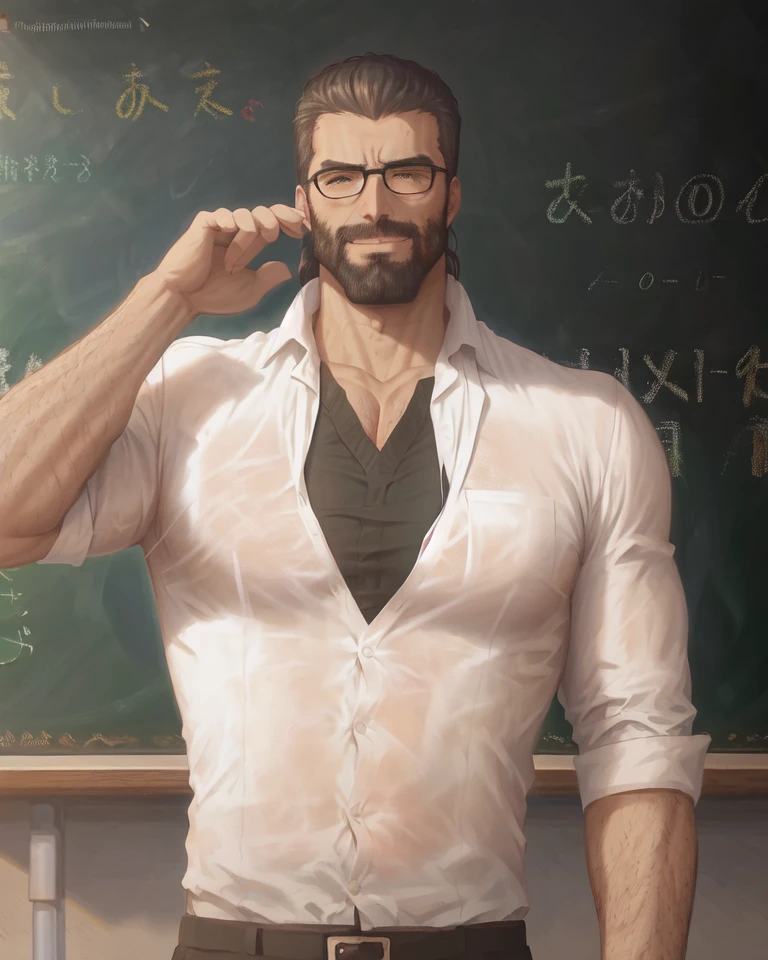 RAW photo, portrait photo of gigachad  <lora:Gigachadv1:0.9> as a (professor:1.3), (torn shirt:1.1), classroom, blackboard, 8k uhd, dslr, high quality, film grain, Fujifilm XT3, 8k, masterpiece, absurdres, anime,