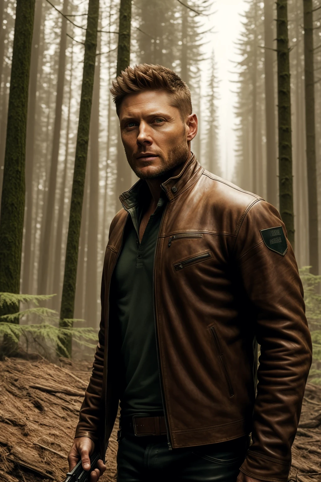 masterpiece, best quality, photo of jensen_ackles in leather jacket holding a shotgun, in forest 4k, lighting, <lora:jensen_ackles :0.75> full body, (extremely detailed CG unity 4k wallpaper)