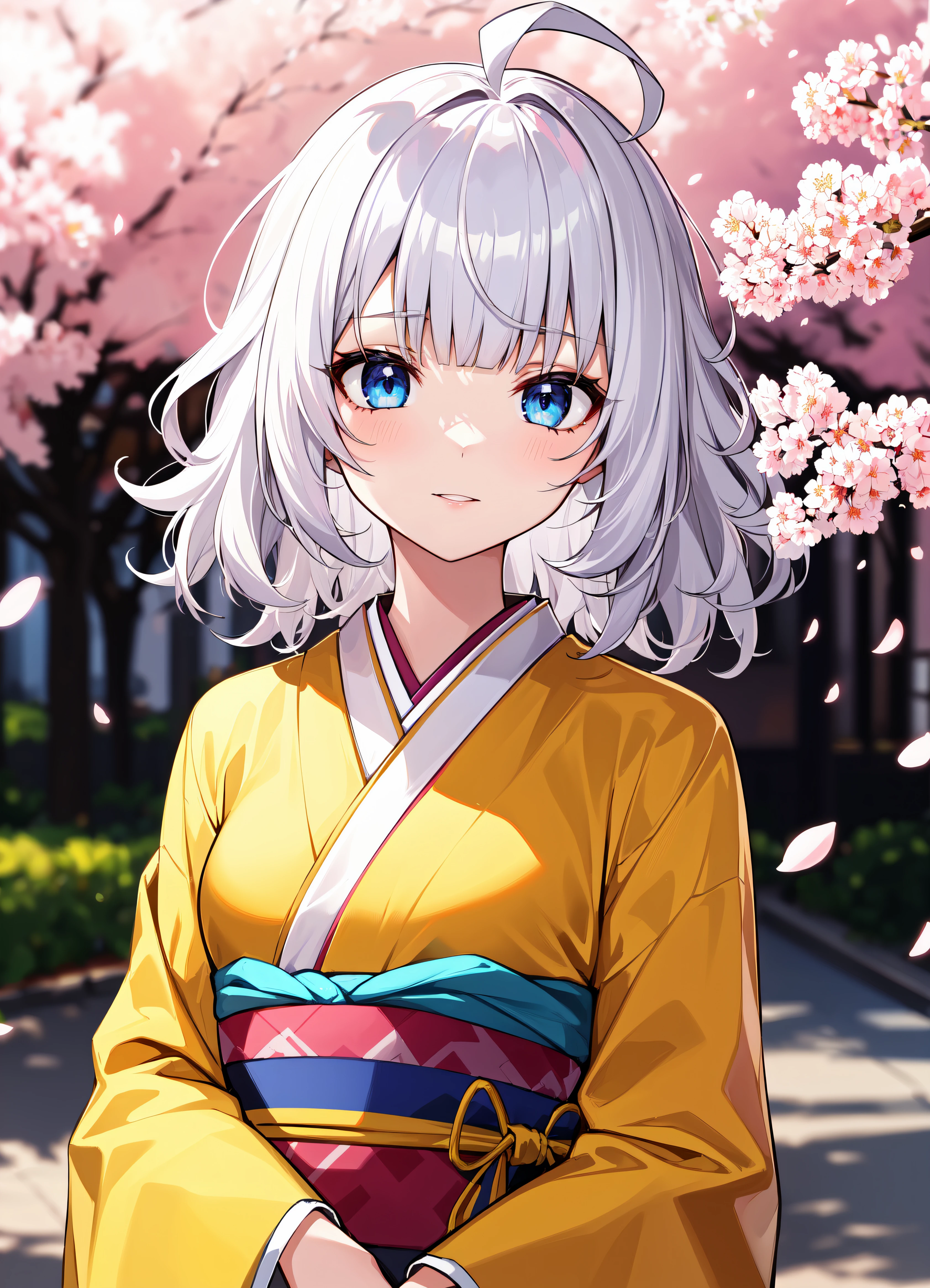 absurdres, best quality, sharp focus, solo, 1girl, petite, (white hair, medium hair, messy hair, wavy hair, silver hair, ahoge:1.2), blunt bangs, blue eyes, (yellow kimono:1.1), (upper body:1.2), small breasts, outdoors, cherry blossoms, soft lighting