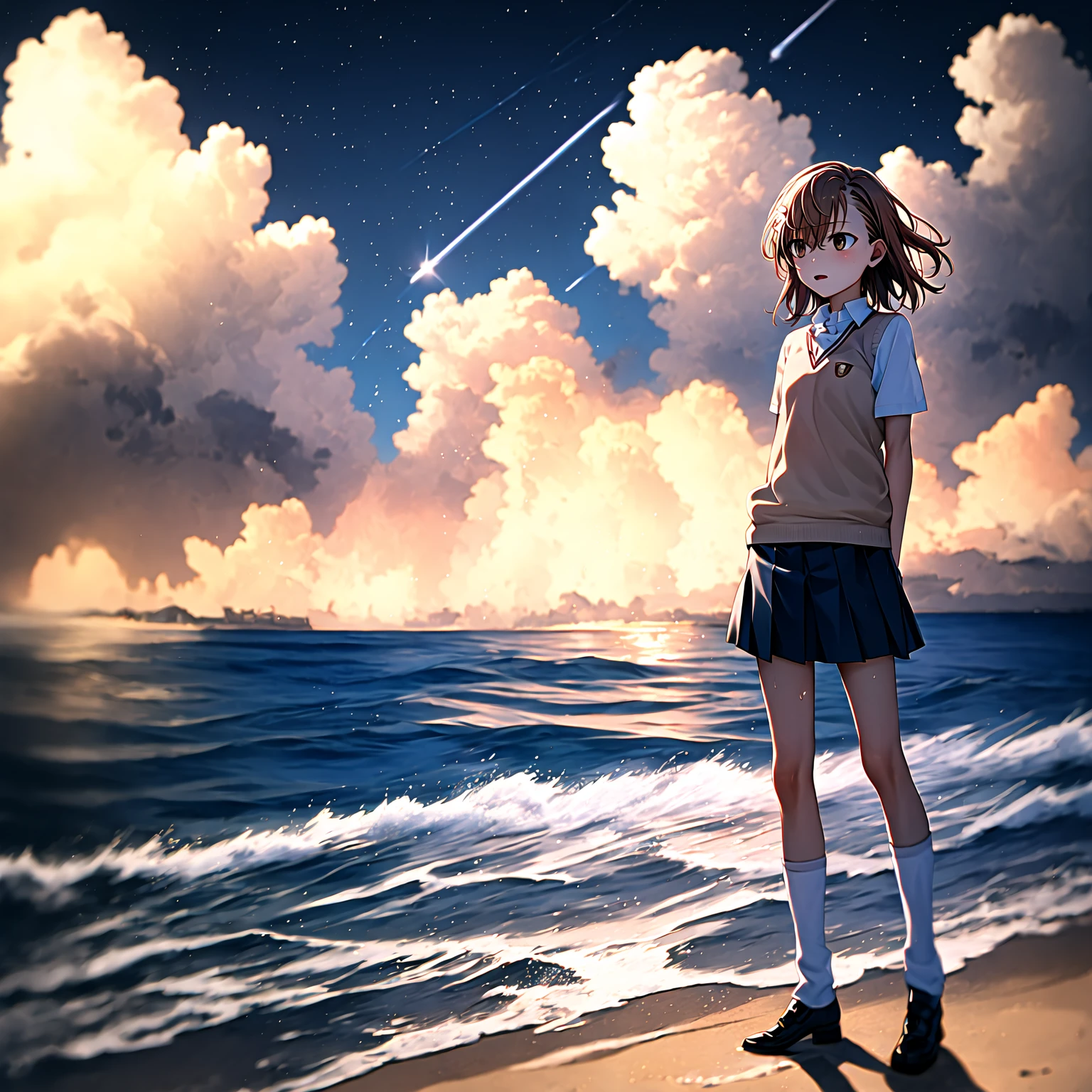 masterpiece, best quality, <lora:misaka_mikoto:1>, misaka mikoto, short hair, mid shot, full body, ocean, sea waves, water splashes, sky, light particles, butterflies, night, starry sky