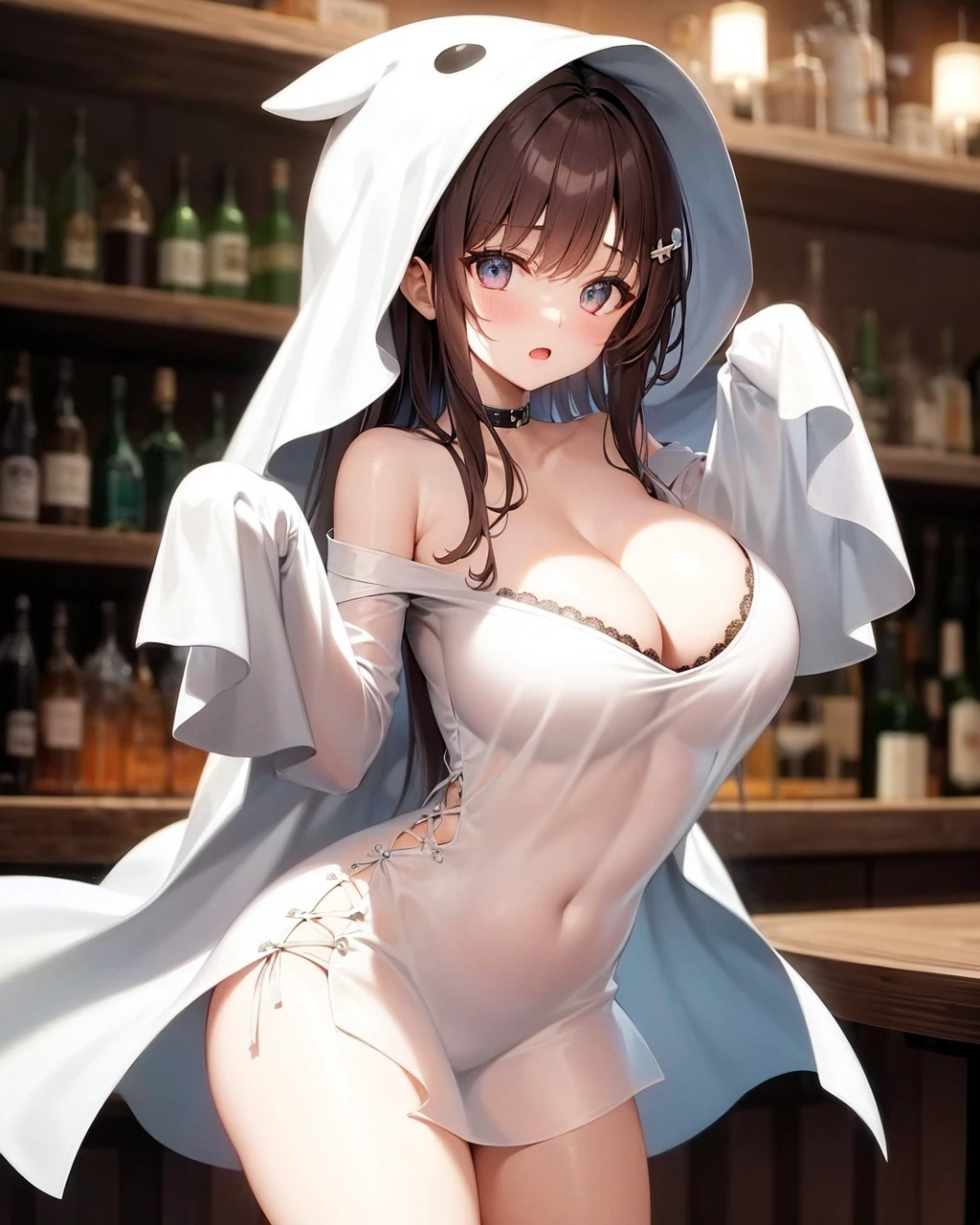 ghost costume, 1girl, large breasts,sleeves past wrists, <lora:GhostCostumeV1:1>,bare_legs,cowboy shot, no_bar,no_panties,cleavage,