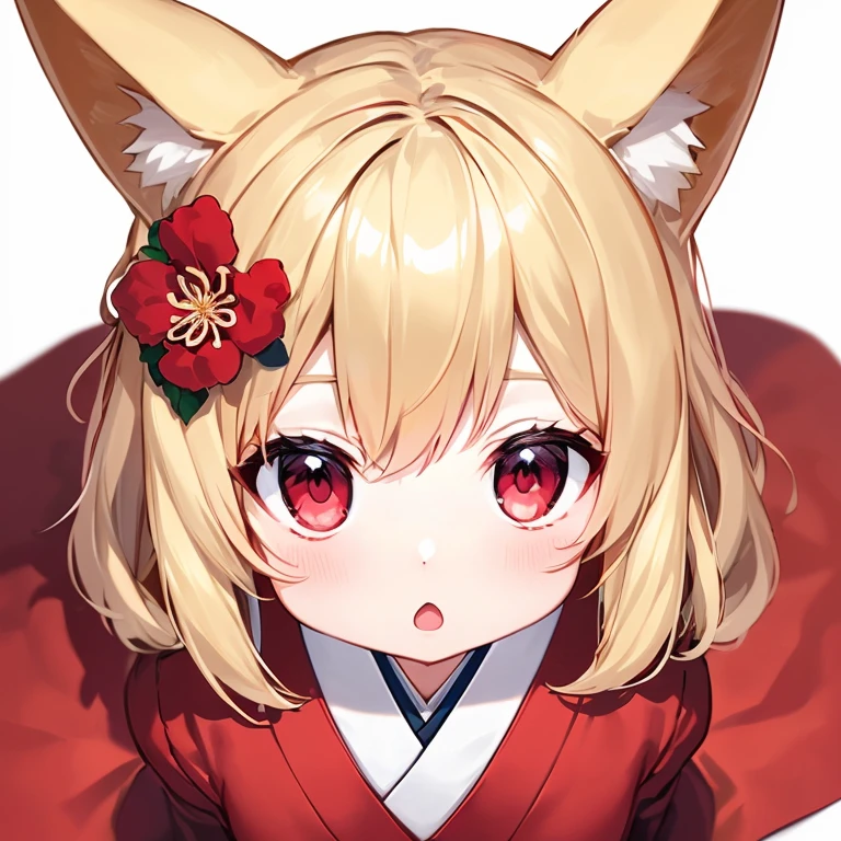 icon, blonde hair, red eyes, fox ears, white background, hair flower, japanese clothes, :o, looking at viewer, from above,