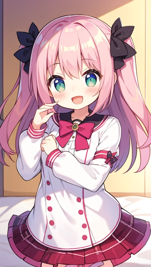 beautiful illustration, best quality, cute girl, bedroom, pink hair, happy, miniskirt, white blouse, two side up