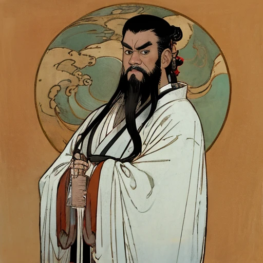 <lora:xuanxue:0.8>,solo_focus,masterpiece, {{ultra-detailed}},traditional_media, best quality, letterboxed,realistic, 4k,(multicolored background), 1boy, asian, old,beard,facial hair, robe, long sleeves, jewelry, wide sleeves, chinese clothes, upper body,black hair, black eyes,hanfu,ribbon, waves,bihua