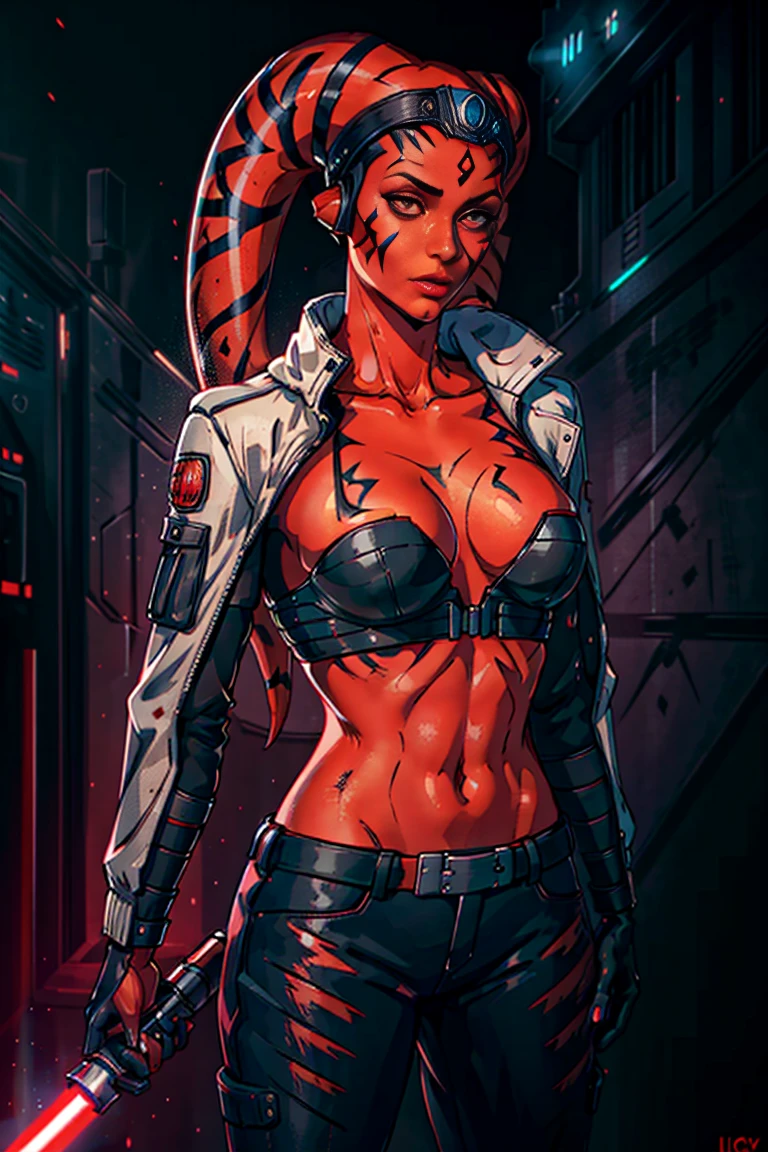 red skin:1.3, twilek, facial markings, jacket, black top, brown pants, standing, dynamic pose, medium breasts, detailed face and eyes, upper body, 
detailed background, cyberpunk, bar, neon lights, dark, jacket, open jacket, highly detailed, best quality, high resolution, 4k, cinematic lighting,  <lora:Concept - Add_detail:0.5>, lightsaber, <lora:Race - Twilek:0.67> <lora:Race - TwilekV2:0.3>