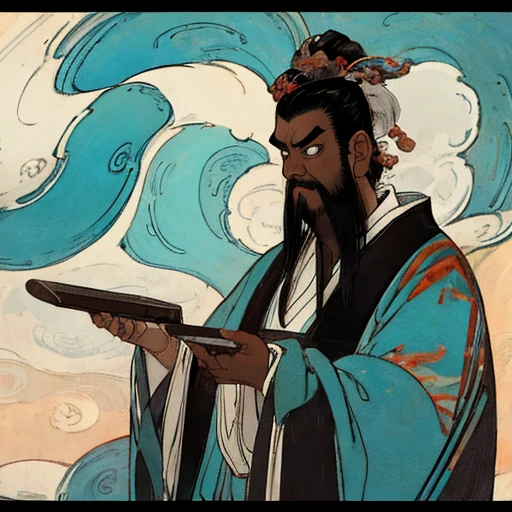 <lora:xuanxue:1>,solo_focus,masterpiece, {{ultra-detailed}},traditional_media, best quality, letterboxed,realistic, 4k,(multicolored background), 1boy, asian, old, serious face, beard,facial hair, black robe, long sleeves, jewelry, wide sleeves, chinese clothes, upper body,black hair, black eyes,waves,bihua, dark-skinned male, detailed face,