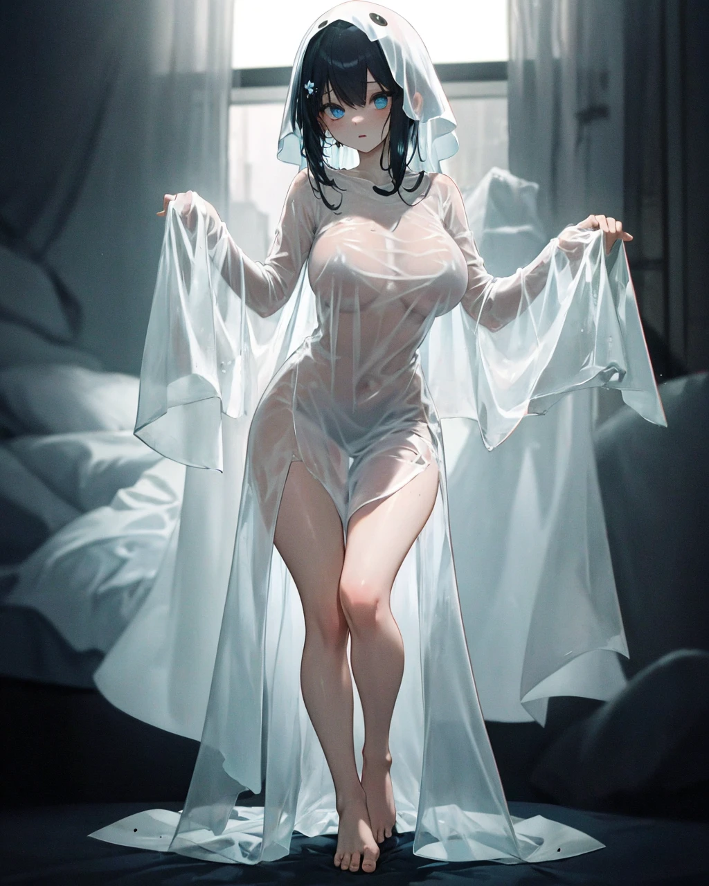 ghost costume, 1girl, large breasts,see-through,sleeves past wrists, <lora:GhostCostumeV1:1>,barefoot,cowboy shot, under covers,