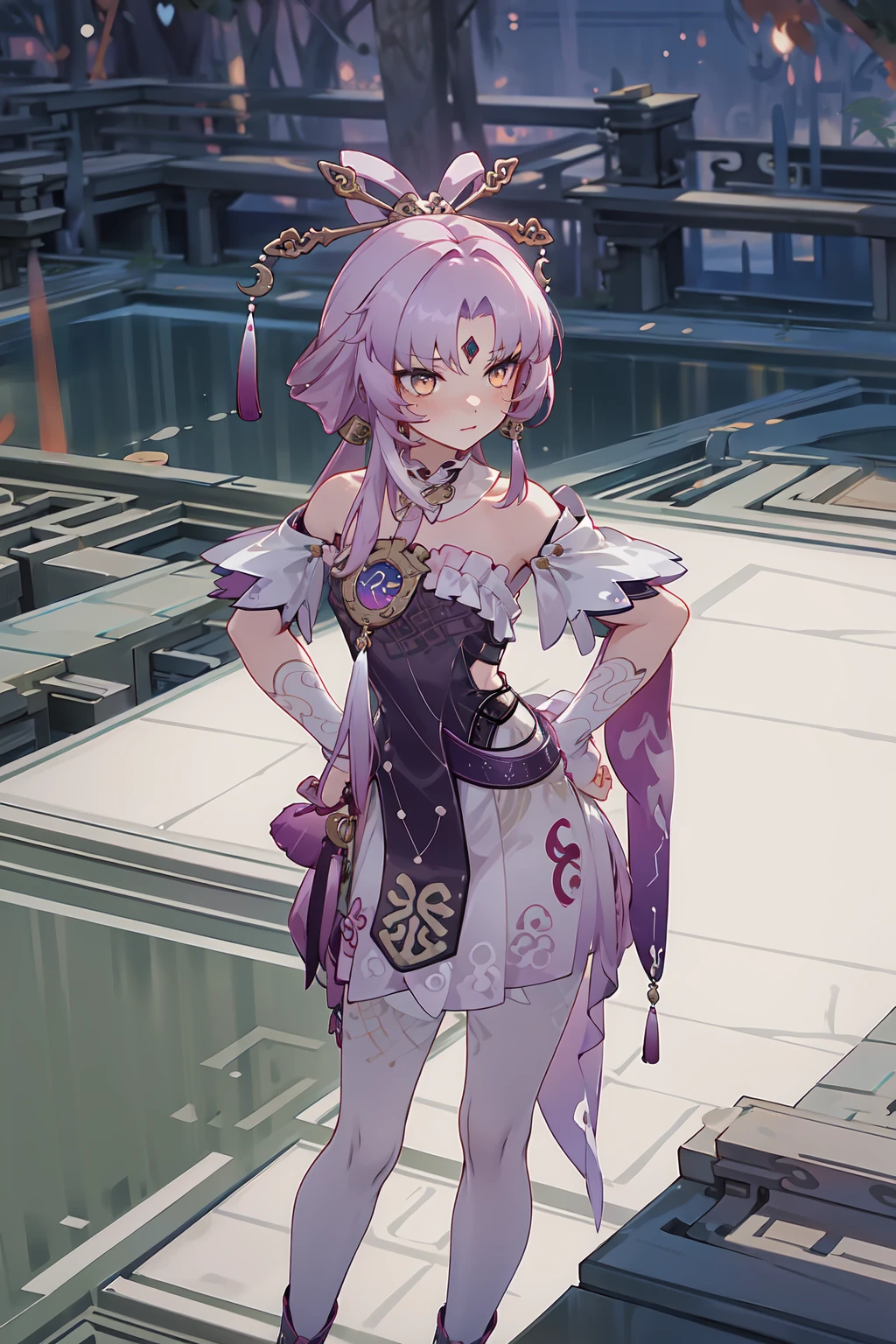 ((masterpiece,best quality)), highres, 1girl, fuxuan, hands on hips, blush, chinese style garden,