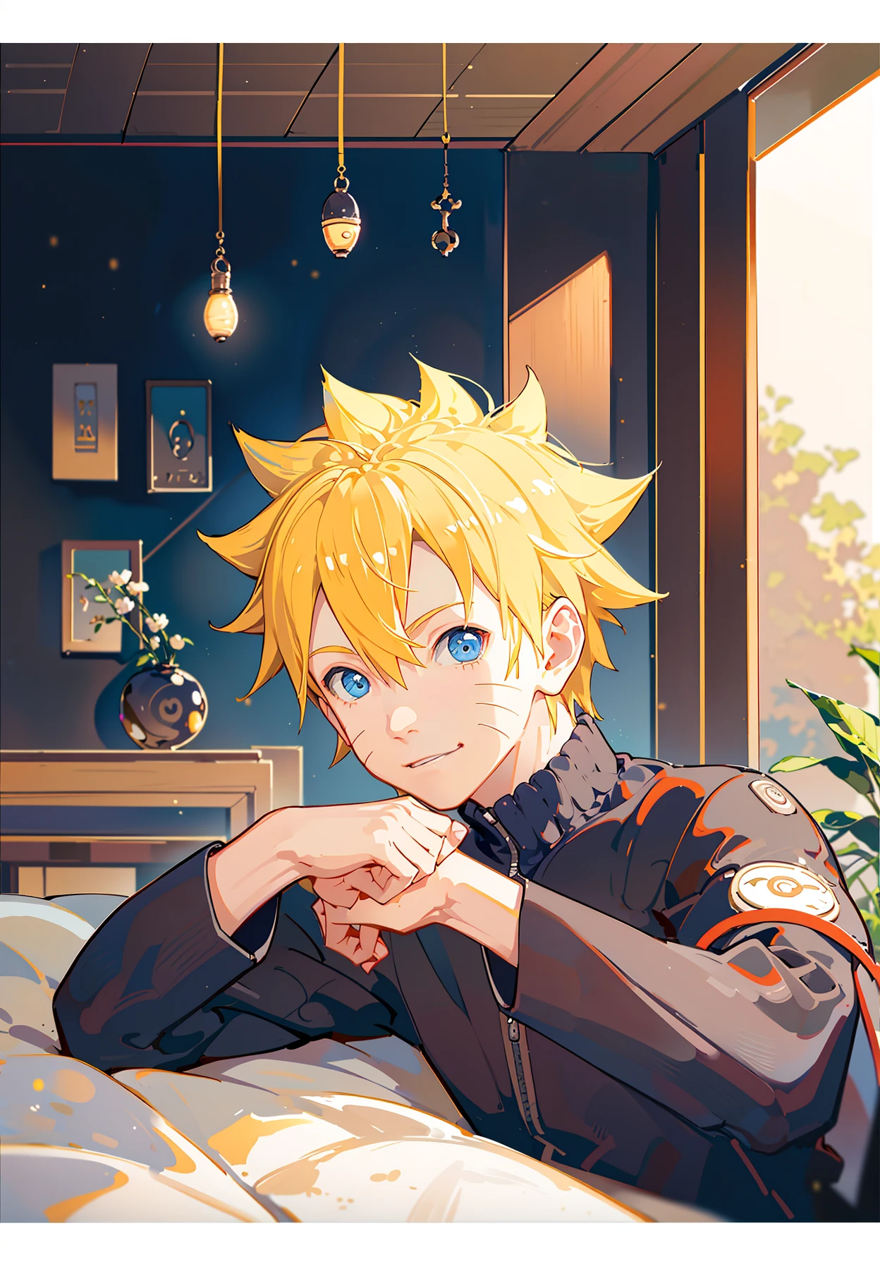 <lora:Naruto:1>, uzumaki naruto, 1boy,male focus, masterpiece, best quality,(portrait,close up), looking at viewer,shadow and light, blurry foreground,konohagakure symbol,  indoor,water drop, blue eyes, on the bed, gentle light smile,