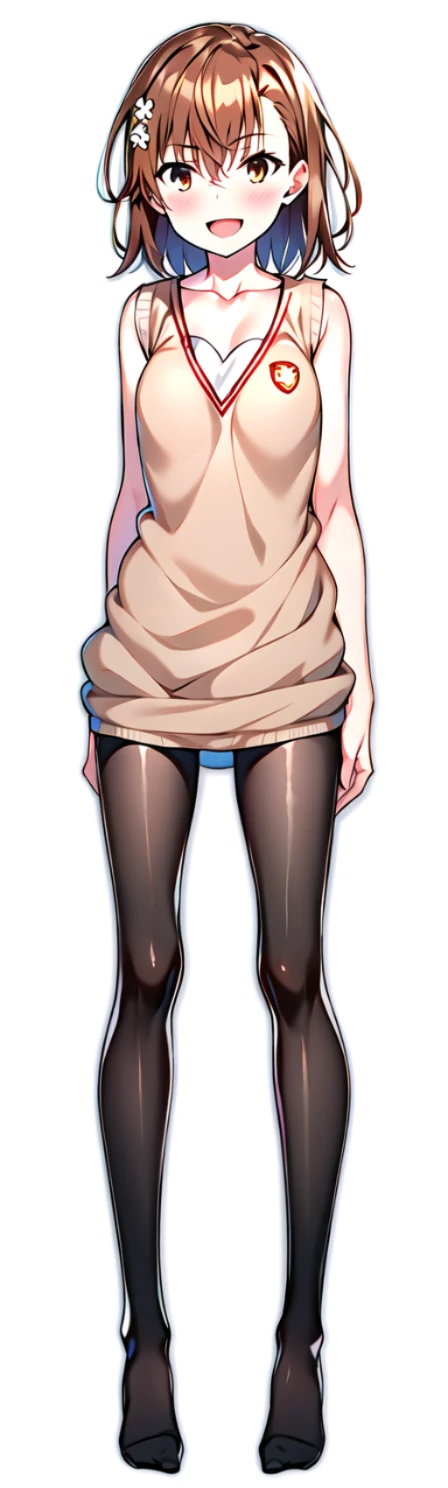 new_misaka_mikoto,1girl,solo,misaka mikoto,brown hair,brown eyes,white flower hair ornament,short hair, small breasts, bangs,hair between eyes,collarbone, standing, <lora:neu_misaka:1>, white background, full body, simple background, no shoes, bottomless, brown sweater vest, no shirt, sweater vest only, sleeveless, arms behind back, :d, pantyhose,