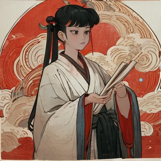 <lora:xuanxue:0.7>,traditional media, 1girl, asian, robe, long sleeves, jewelry,solo, wide sleeves, robe, chinese clothes, upper body,black hair, black eyes,hanfu