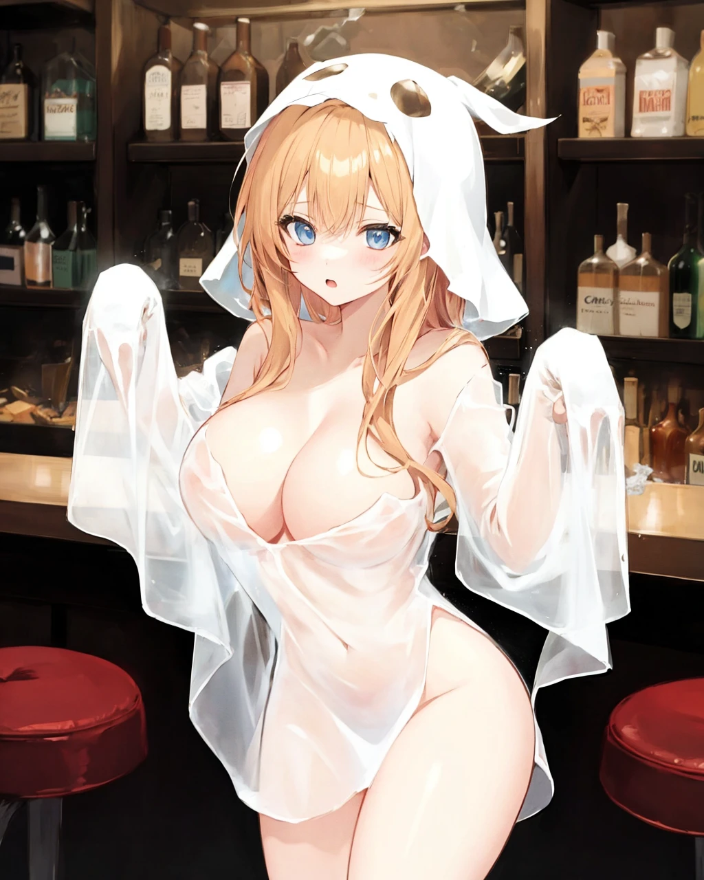 ghost costume, 1girl, large breasts,sleeves past wrists, <lora:GhostCostumeV1:1>,bare_legs,cowboy shot, no_bar,no_panties,cleavage, naked_sheet