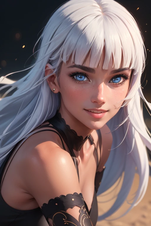 <lora:lilianaV3:0.6>liliana 1girl, solo, long hair, looking at viewer, smile, bangs, blue eyes, simple background, white hair, dark skin, blunt bangs, dark-skinned female (realistic:1.2), (realism), (masterpiece:1.2), (best quality), (ultra detailed), (8k, 4k, intricate),(full-body-shot:1), (85mm),light particles, lighting, (highly detailed:1.2),(detailed face:1.2), (gradients), sfw, colorful,(detailed eyes:1.2)(detailed background),detailed landscape, (dynamic angle:1.2), (dynamic pose:1.2), (rule of third_composition:1.3), (Line of action:1.2)