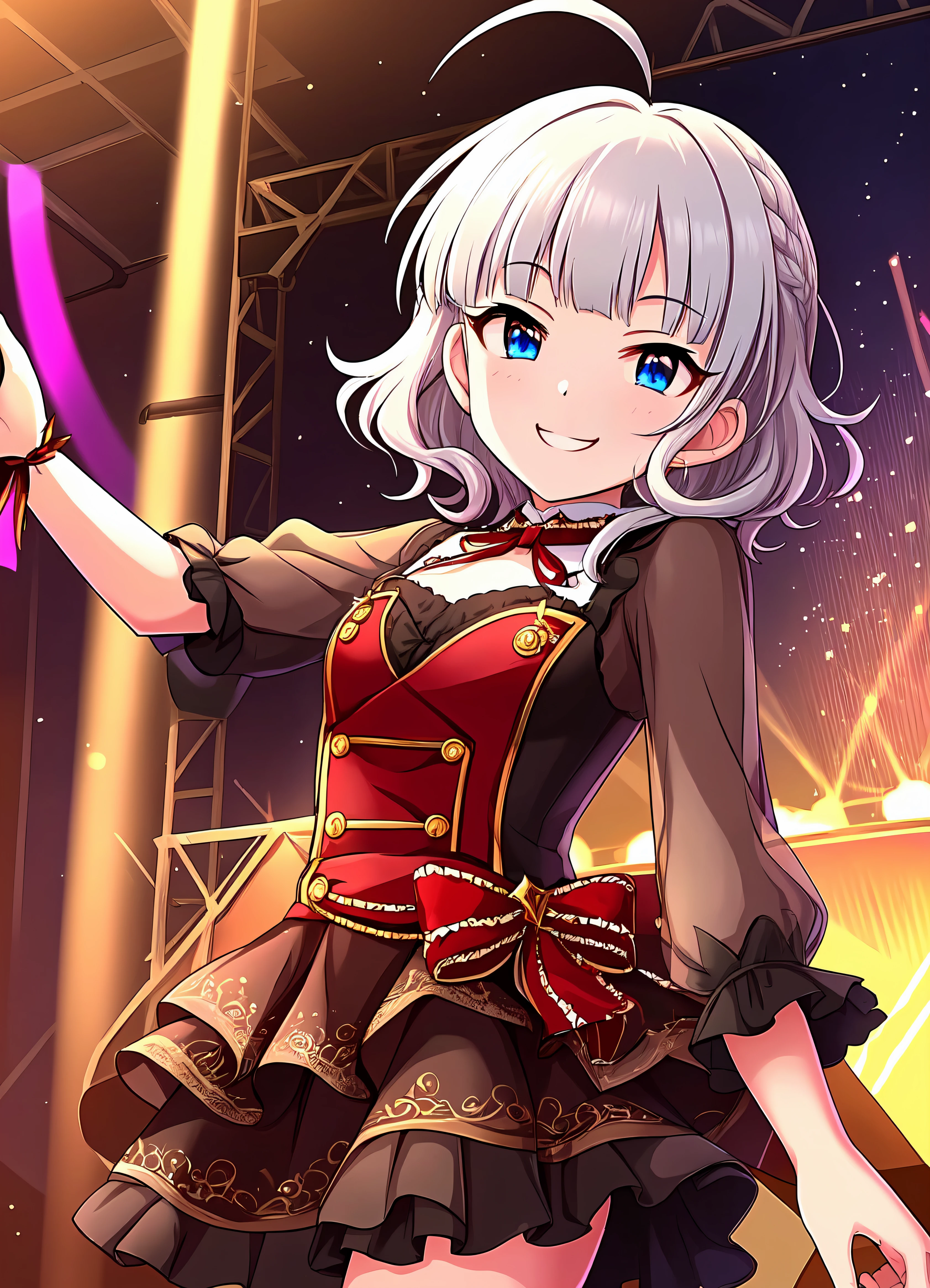 1girl, petite, absurdres, best quality, sharp focus, solo, (white hair, short hair, medium hair, messy hair, wavy hair, silver hair, ahoge, blunt bangs:1.2), blue eyes, live stage, idol outfit, frills, ribbons, flat chest, (smug:1.1), (slight smile:1.25)
<lora:theIdolmSTERCinderellaGirls_v12:1> <lora:pitch_black_shadow_V2:0.7>