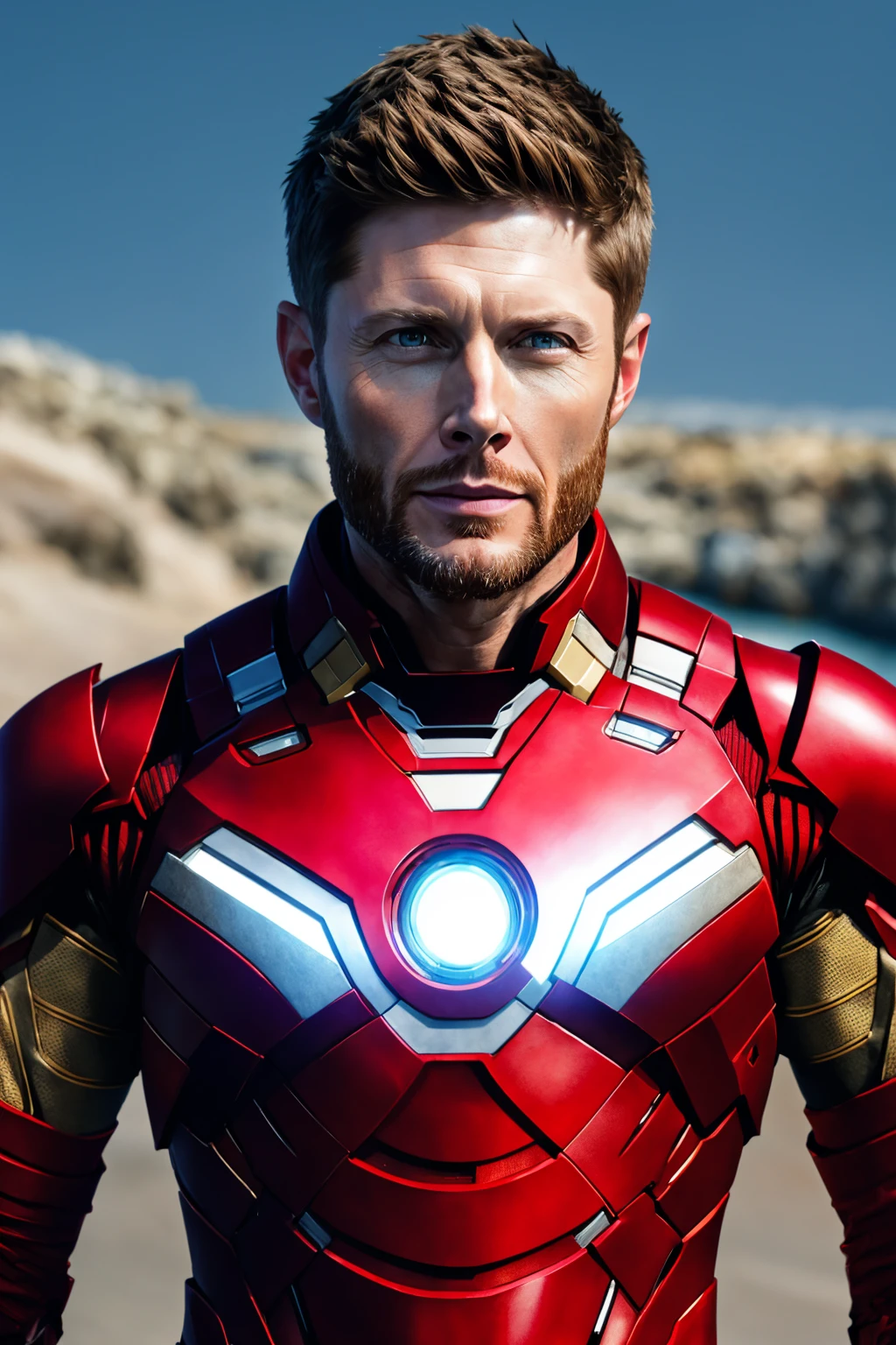 long shot photo of jensen_ackles with soft smile, wearing ironman suit, hyper realistic photograph, detailed face, in coast, (high detailed skin:1.2), 8k uhd, dslr, soft lighting, high quality, film grain, Fujifilm XT3, natural lighting, subsurface scattering, <lora:jensen_ackles :0.75> full body, (extremely detailed CG unity 4k wallpaper)