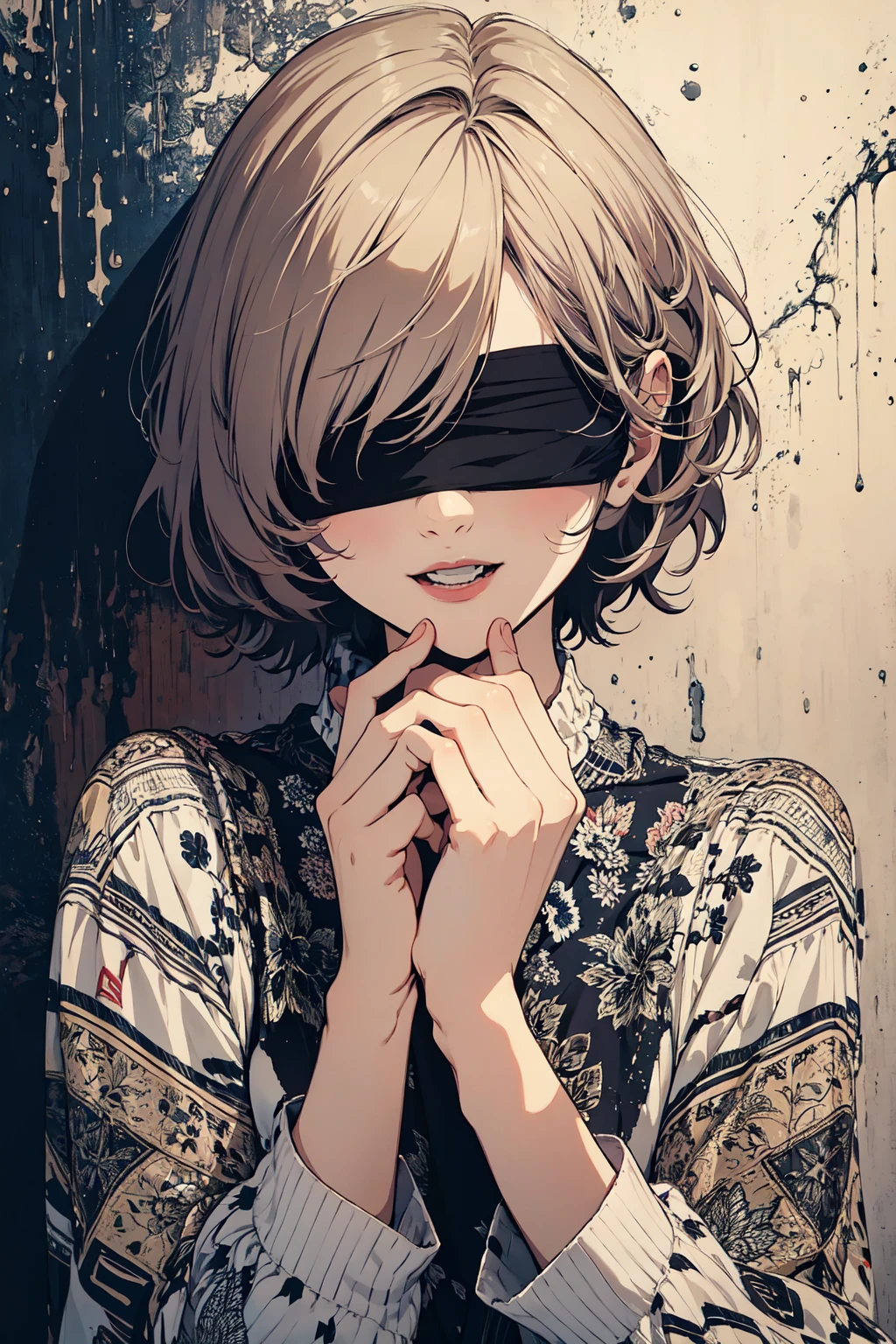 (masterpiece, top quality, best quality, official art, beautiful and aesthetic:1.2),
blindfold, solo, 1girl, open mouth, short hair, long sleeves, bangs, smile, upper body, bandages, shirt,
extreme detailed,highest detailed, optical mixing, playful patterns, lively texture, unique visual effect