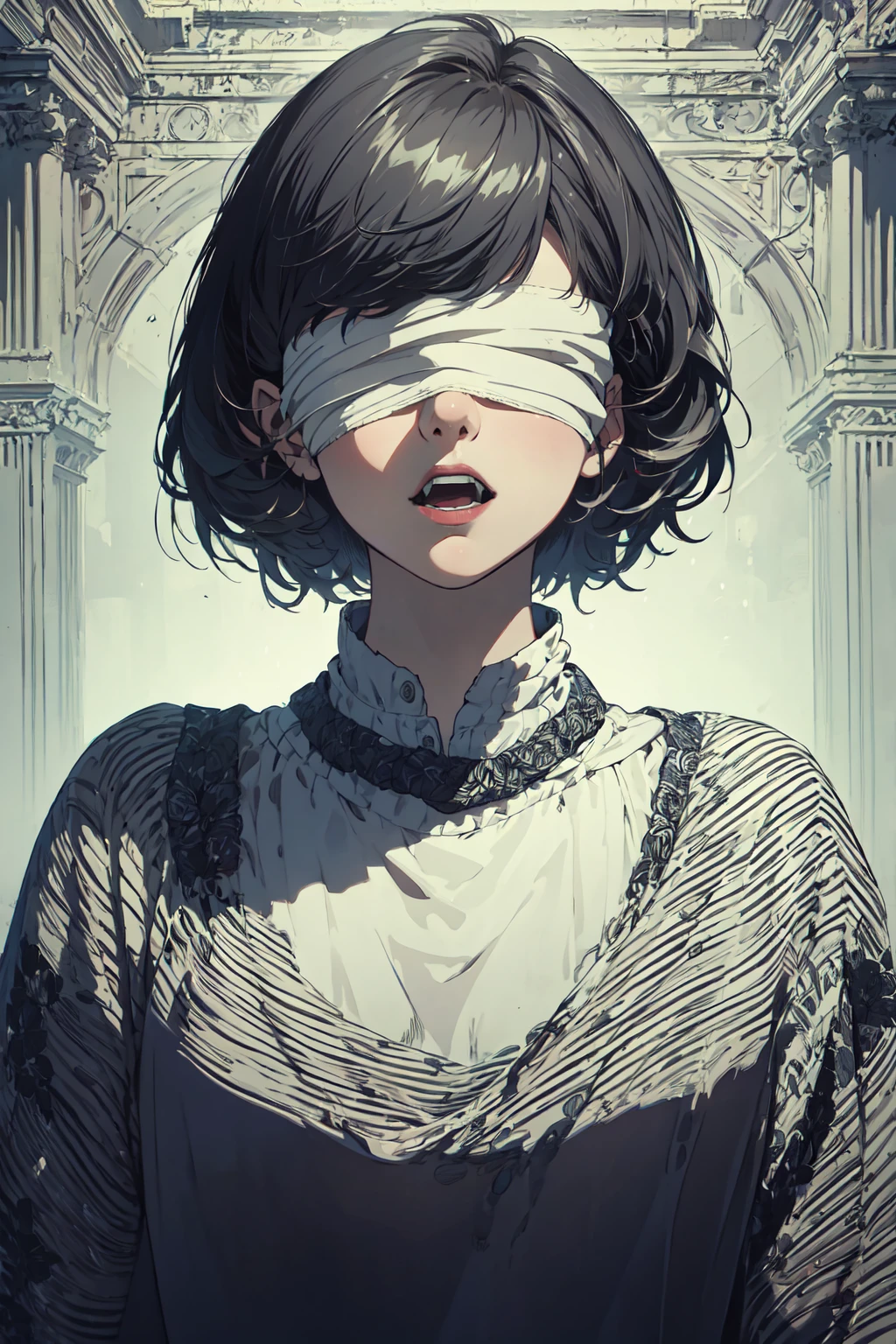 (masterpiece, top quality, best quality, official art, beautiful and aesthetic:1.2),
blindfold, solo, 1girl, open mouth, short hair, long sleeves, bangs, smile, upper body, bandages, shirt,
extreme detailed,highest detailed, optical mixing, playful patterns, lively texture, unique visual effect