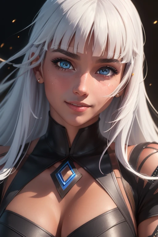 <lora:lilianaV3:0.6>liliana 1girl, solo, long hair, looking at viewer, smile, bangs, blue eyes, simple background, white hair, dark skin, blunt bangs, dark-skinned female (realistic:1.2), (realism), (masterpiece:1.2), (best quality), (ultra detailed), (8k, 4k, intricate),(full-body-shot:1), (85mm),light particles, lighting, (highly detailed:1.2),(detailed face:1.2), (gradients), sfw, colorful,(detailed eyes:1.2)(detailed background),detailed landscape, (dynamic angle:1.2), (dynamic pose:1.2), (rule of third_composition:1.3), (Line of action:1.2)