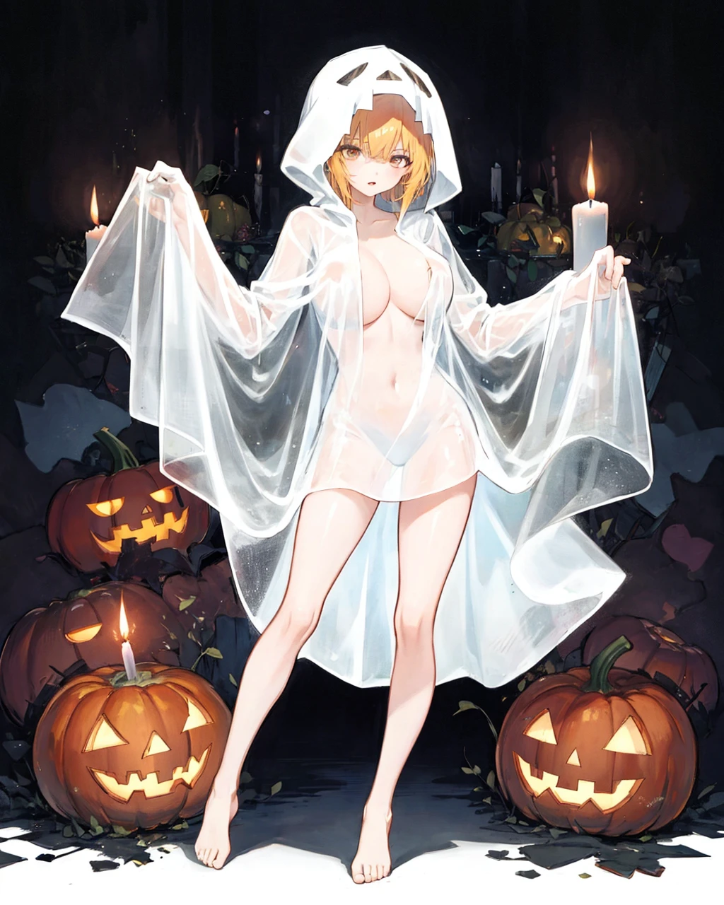 ghost costume, candle, jack-o'-lantern, pumpkin, solo,see-through, fire, black background, , <lora:GhostCostumeV1:1>,1girl,sleeves past wrists, standing,solo,bare legs, large breasts,