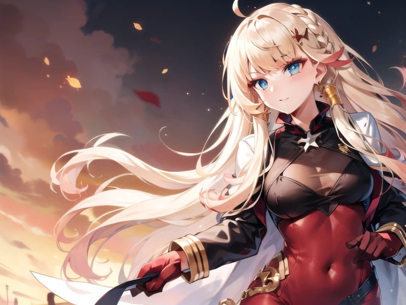 (hyper extreme detailed),(masterpeace),(hyper extreme),(photorealistic),CG,(colour:1.2), beautiful lighting,light from the front, howe,blond hair,long hair,ahoge,hair_ornament,bangs,blue eyes,gloves,red dress,bodystocking, <lora:howe:0.7>