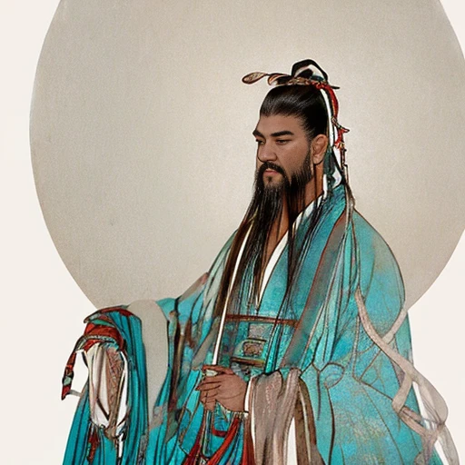 <lora:xuanxue:1.2>,solo_focus,masterpiece, {{ultra-detailed}},traditional_media, best quality, letterboxed,realistic, 4k,(multicolored background), 1boy, asian, old, serious face, beard,facial hair, black robe, long sleeves, jewelry, wide sleeves, chinese clothes, upper body,black hair, black eyes,waves,bihua, dark-skinned male,