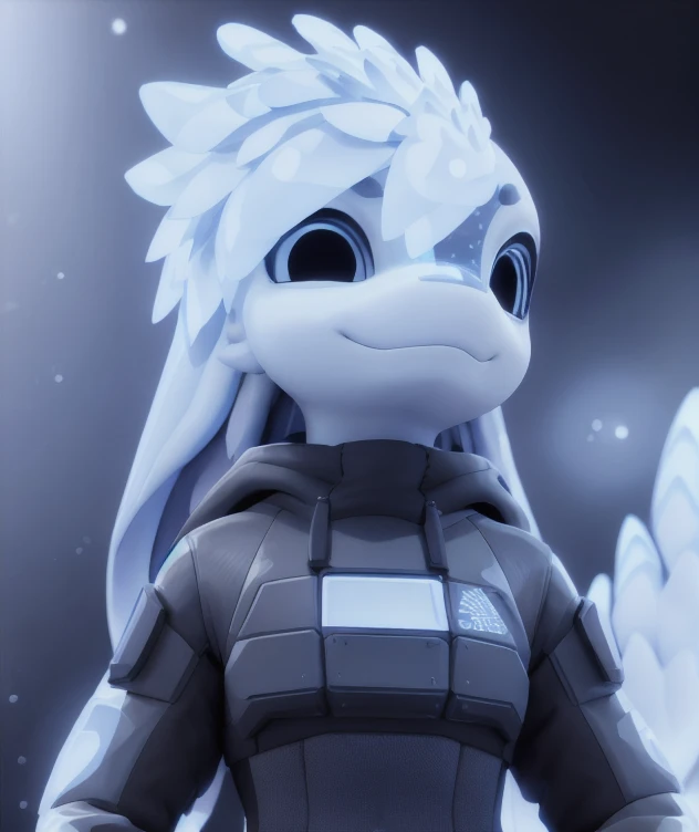 avali, davali, (((close up face, portrait, smiling))), white glowing patterns, (white glowing feathers and ears, black eyes, cute, hoodie, focus, very blurry background, dust), unreal engine 5 quality render, a 3D render, ultra realistic furs, realistic lighs, ultra detailed, <lora:gachaSplashLORA_gachaSplash31:1>  <lora:avali_v1:0.8>  eonn