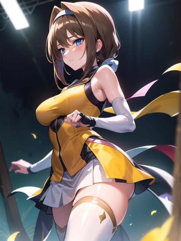 (hyper extreme detailed),(masterpeace),(hyper extreme),(photorealistic),CG,(colour:1.2), beautiful lighting,light from the front, solo,takamori_haruka,blue eyes,brown hair,hairband,yellow dress, white thighhighs, white skirt, <lora:TAKAMORI_HARUKA:1>