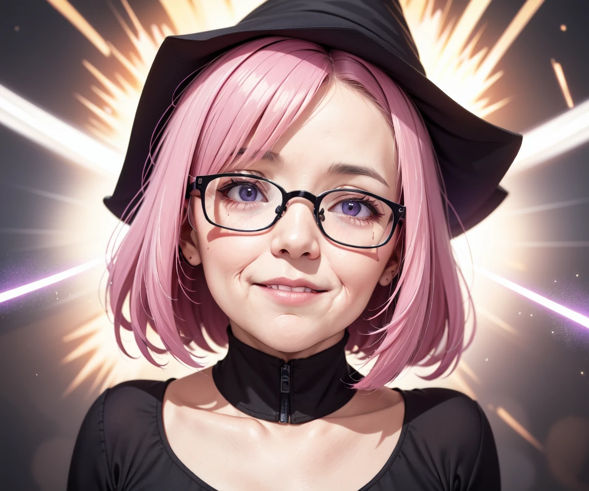 blurry, depth_of_field, red_sky, (nerunerunerune:1.2), smile, 60 years old woman, (An old woman with nasolabial folds on her face:1.4), in a witches hat and black dress, a hologram, magical realism, upper body, (one big illuminates exploding light neon behind her:1.2), Stir purple cream sprinkle candy, Glasses, modern_girl_hair, (shrug:1.3)