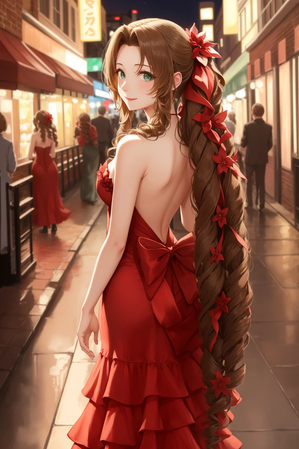 masterpiece, best quality, aerith gainsborough, very long hair, hair ribbons, hair flowers, strapless red dress, looking at viewer, cowboy shot, nighttime, waterfront, neon signs ,  