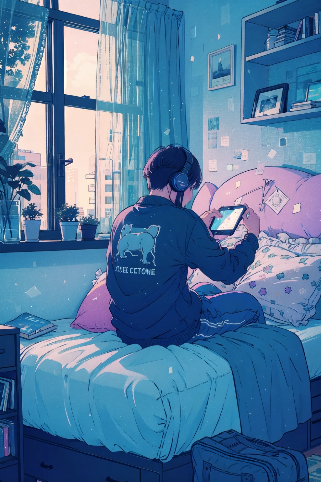 1boy, phone, indoors, blue theme, bag, window, male focus, plant, clock, cellphone, lamp, shirt, bed, pillow, book, smartphone, short hair, holding, pants, from behind, solo, black hair, clothes hanger, cup, potted plant, on bed, sitting, backpack, tissue box, lying, backpack removed, alarm clock, can, bedroom, blanket, headphones, cat <lora:whitedew-pynoiseloha-000012:1>