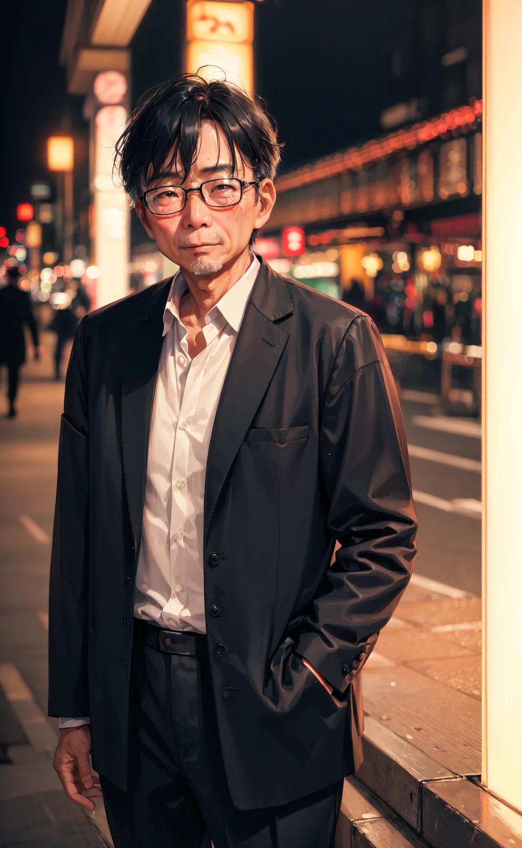 RAW photo, a portrait photo of 50 y.o japanese man in clothes, night tokyo, (high detailed skin:1.2), 8k uhd, dslr, soft lighting, high quality, film grain, Fujifilm XT3