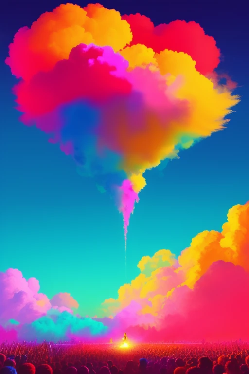 Holi Festival in the Clouds with a big color explosion. Neon Playtoon Style, red backdrop, Artstation, Cinematic Lighting