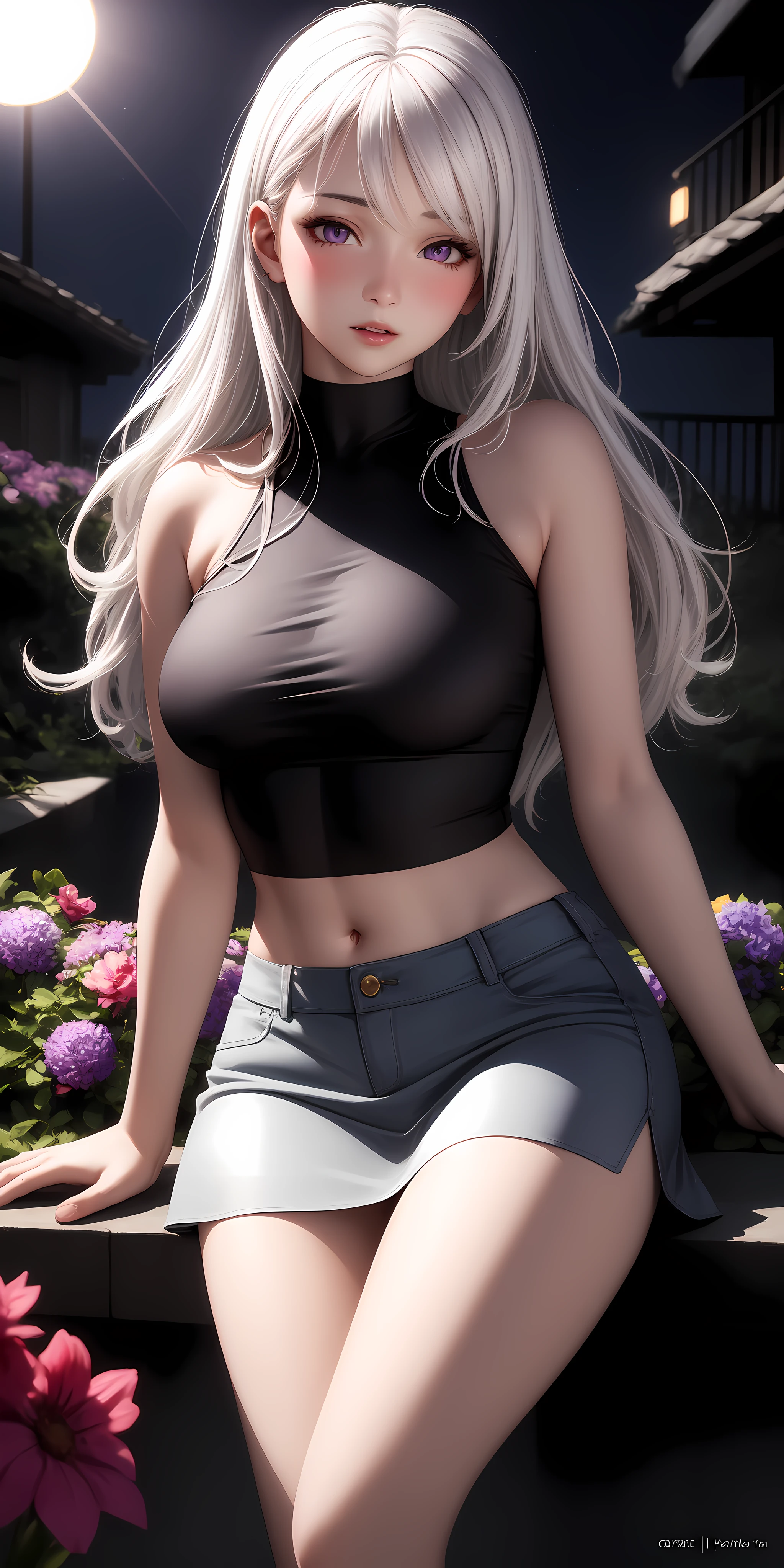 realistic, 1girl, white hair, purple eyes, glowing eyes, crop top, skirt, parted lips, blush, night, flowers, sun, sunlight,