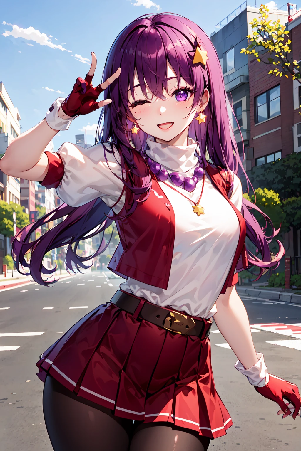 (masterpiece, top quality, best quality, official art, beautiful and aesthetic:1.2), (1girl:1.3), (fractal art:1.3), 
solo, athena97,
purple eyes,one eye closed,purple hair, long hair, earrings, red hairband, (puple spherical necklace:1.5),star hair ornament,one_hand_on_hip,one hand v,(upper body,:1.3) ,
 medium breats, red open vest, white turtleneck, white puffy sleeves, short sleeves, red pleated skirt, deep red pantyhose,yellow belt, red fingerless gloves,
(outdoors),  sunlight, cosplay photo,  (cinmatic:0.4),street simple background,<lora:Athena97final:0.6>