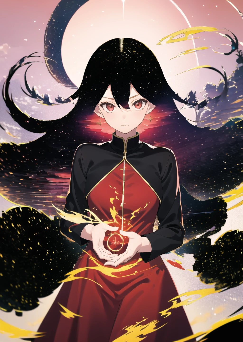 1girl,cowboy shot, starry sky, witch,black robe,fire, magic, flame, jewelry, solo, earrings, pyrokinesis, burning, magic circle, long hair, looking at viewer, very long hair, red eyes, floating hair, hair between eyes, closed mouth, red skirt, molten rock, medium long sleeves
<lora:hair_with_scenery:1.2>