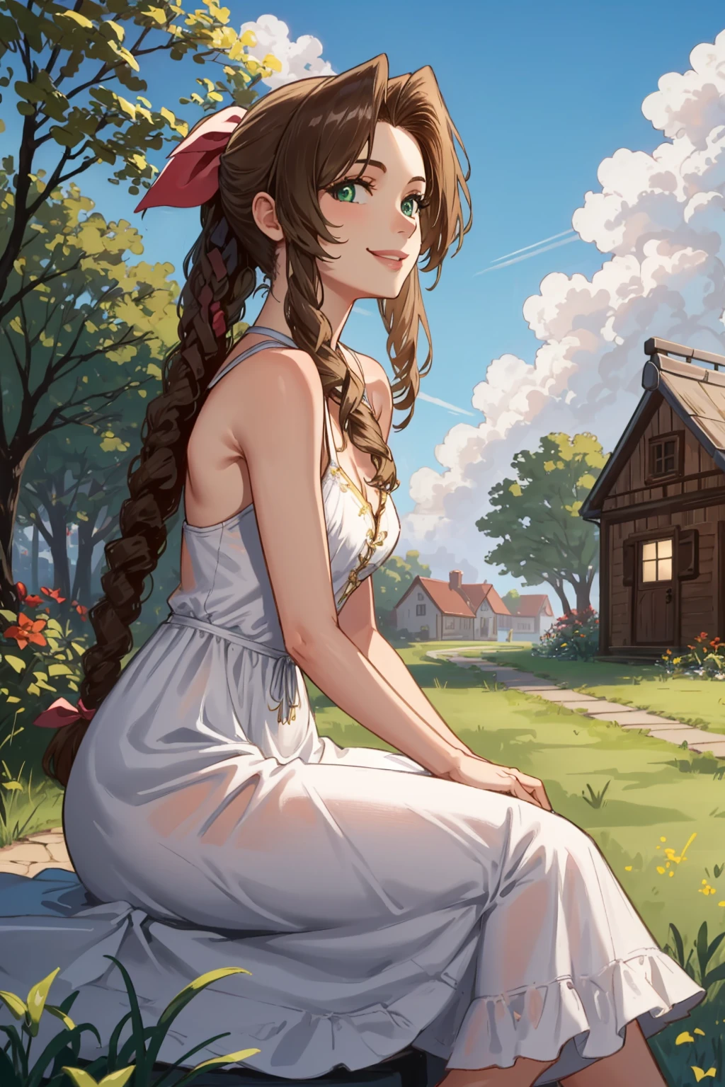 masterpiece, best quality, aerith gainsborough, hair bow, white sundress, sitting, side view, looking at viewer, smile, garden, small house, grass, sky <lora:aerith-nvwls-v1-000010:0.9>