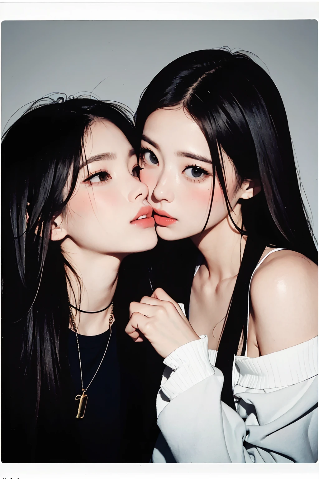 Polaroid blue tone, masterpiece, best quality, 2girls, kissing, very long hair, ulzzang, dark background