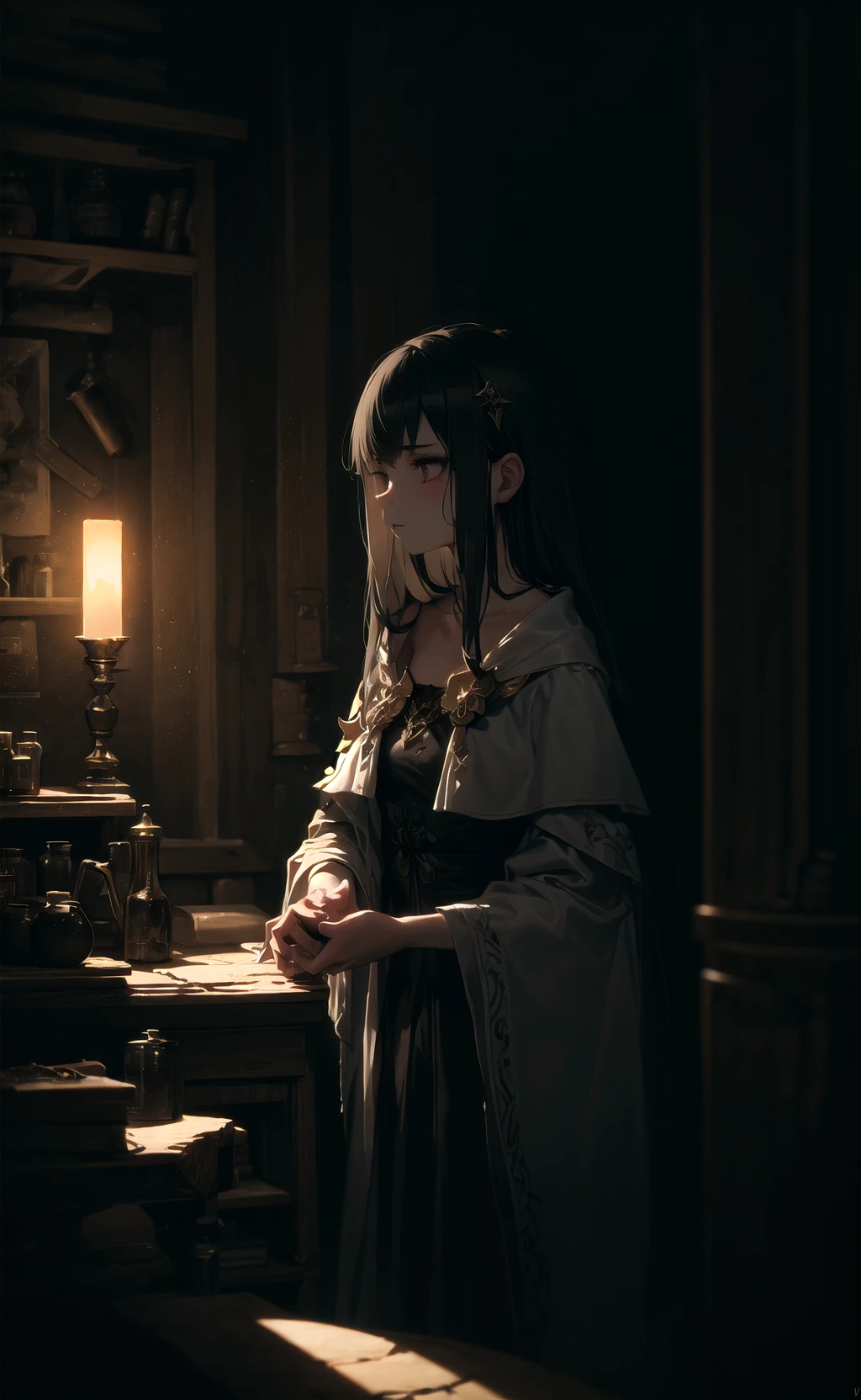 masterpiece, best quality, 1girl, mixing potions, dark moody lighting, glow, glowing, mysterious, mystical, magical, rim lighting