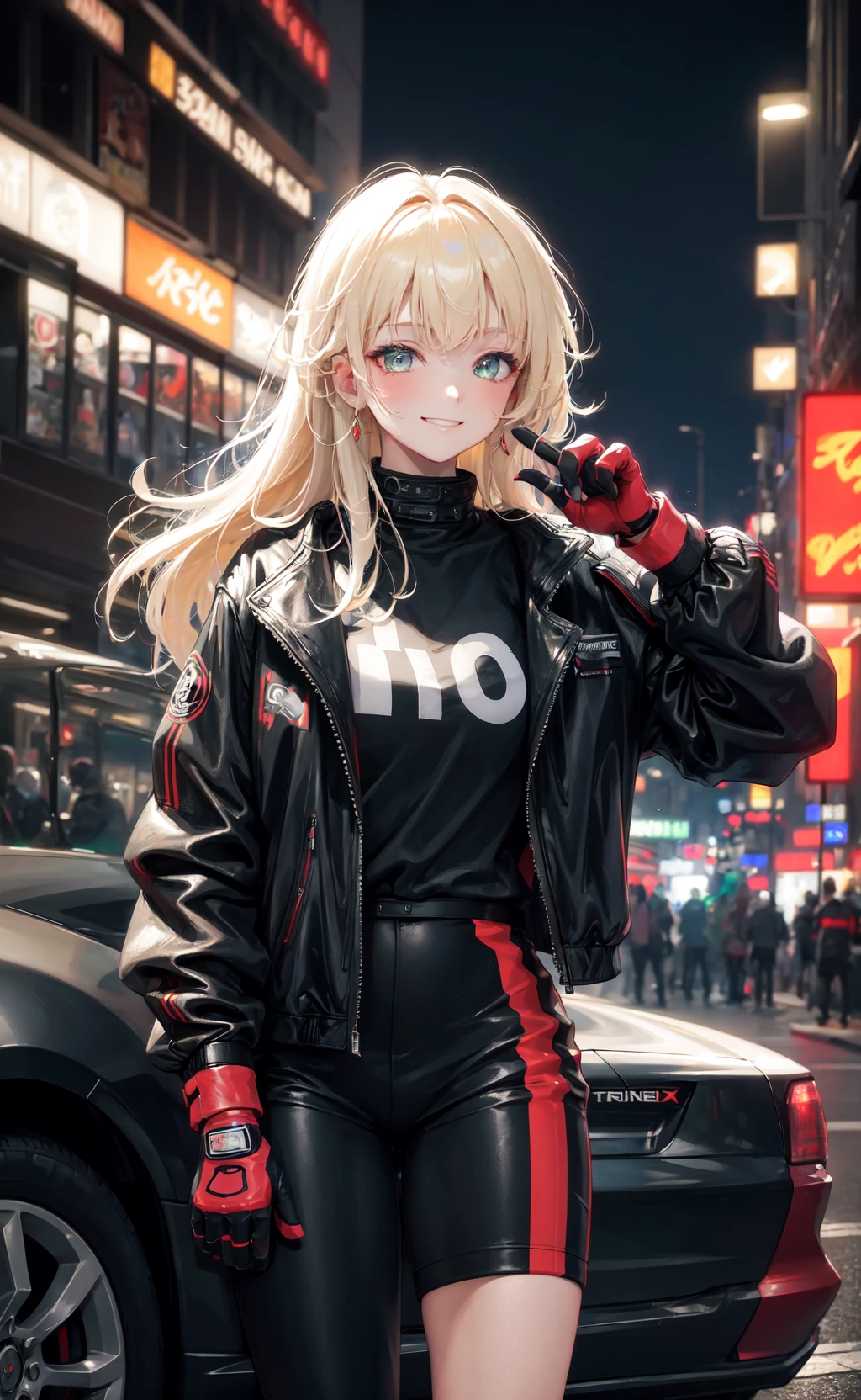 masterpiece, best quality, leaning against car, underground street racing, oversized racing jacket, racing gloves, oversized clothes, night, glow, glowing, close-up, smug, (smile:0.8)