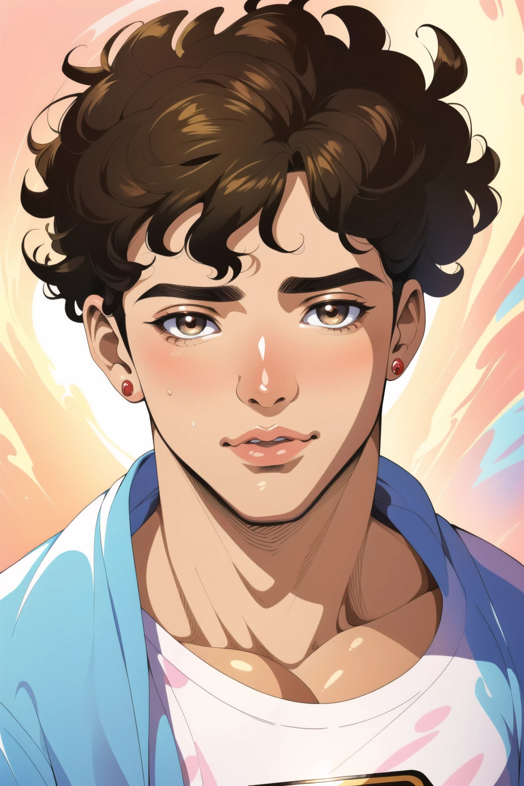 (Award Winning Digital Artwork:1.3) of (Illustration:1.3) 1boy, spanish model, curly hair, tan skin, sweaty, pecs, hazel eyes, full lips, muscular,(by Artist Artgerm:1),(by Artist Hikari Shimoda:1.3),(by Artist Jack Kirby:1.3),CGSociety,ArtStation
