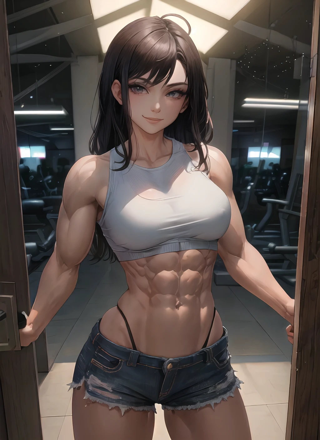 1girl,ripped,abs,,smile,standing,perfect face, perfect lighting,looking at viewer  (masterpiece, best quality, high quality, highres:1.2), detailed, extremely detailed, <lora:fitgirl_v10:1>