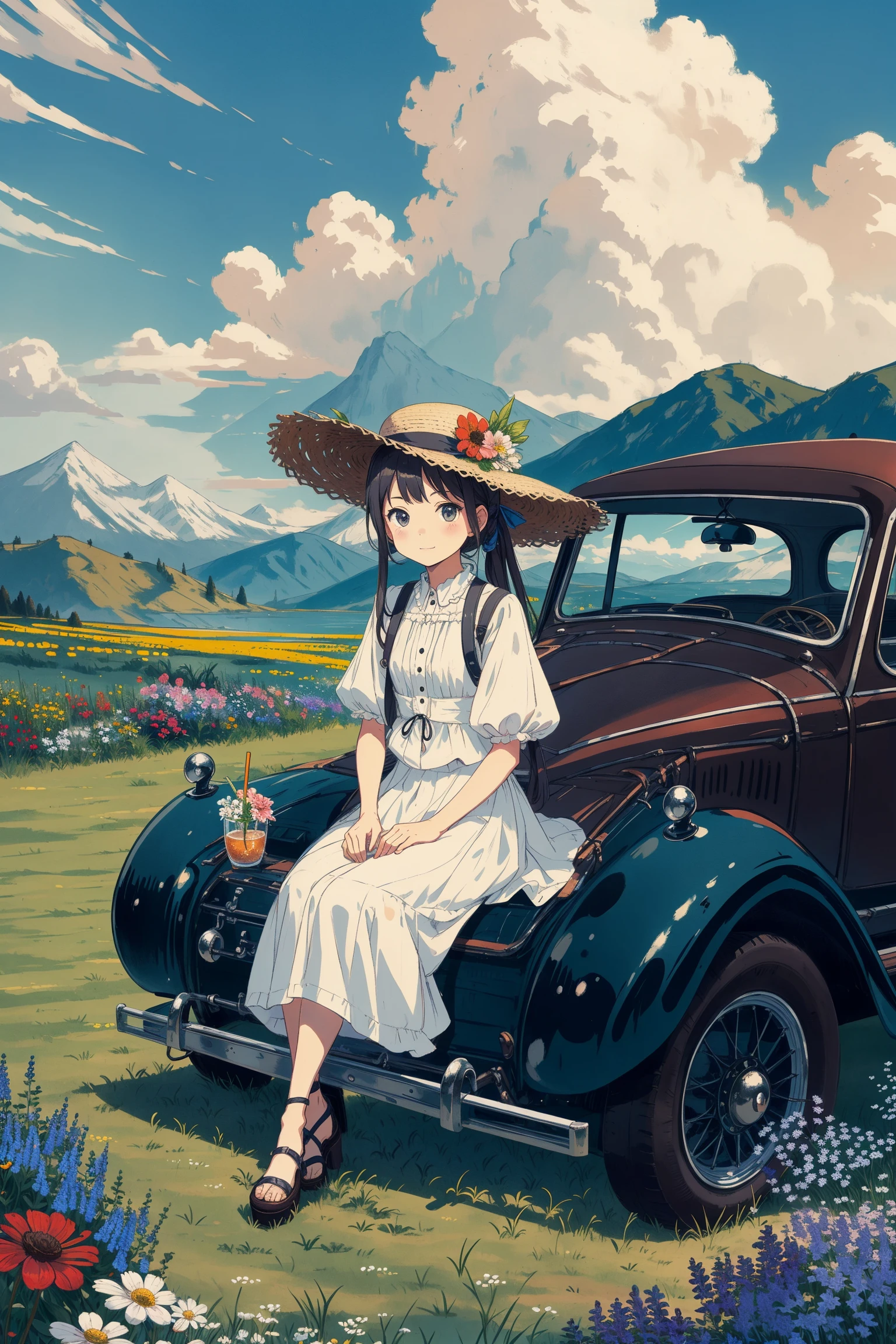 The chibi girl sat on an antique Beetle car, with a straw hat, lawn, blue sky, white clouds, distant mountains, countryside, flowers<lora:detailmaker:-5>