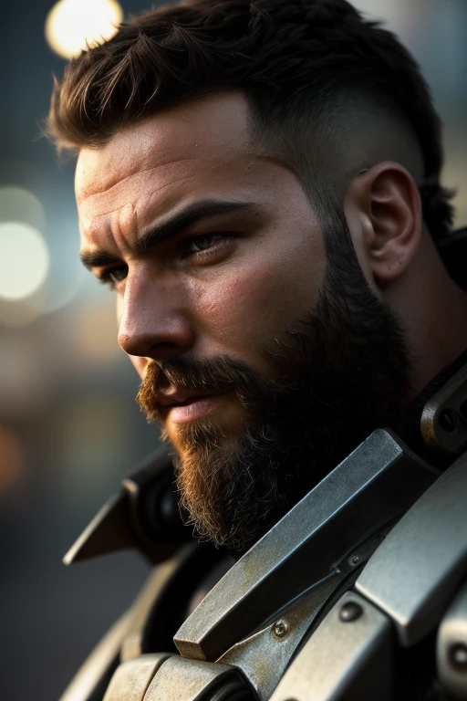 Portrait photo of muscular bearded guy in a worn mech suit, ((light bokeh)), intricate, (steel metal [rust]), elegant, sharp focus, photo by greg rutkowski, soft lighting, vibrant colors, masterpiece, ((streets)), detailed face