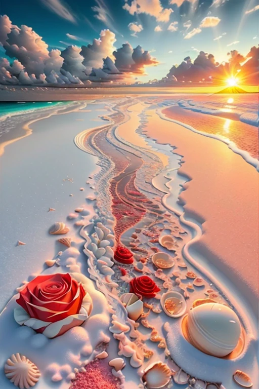 delicate scene,depth of field, 8K, The ivory sky,white clouds,and sunlight shine on the snow-white beach. The coral sea,and many colorful tinny shells on the beach,red roses, roses focus, <lora:FairyTaleV20_SD1.5:0.7>