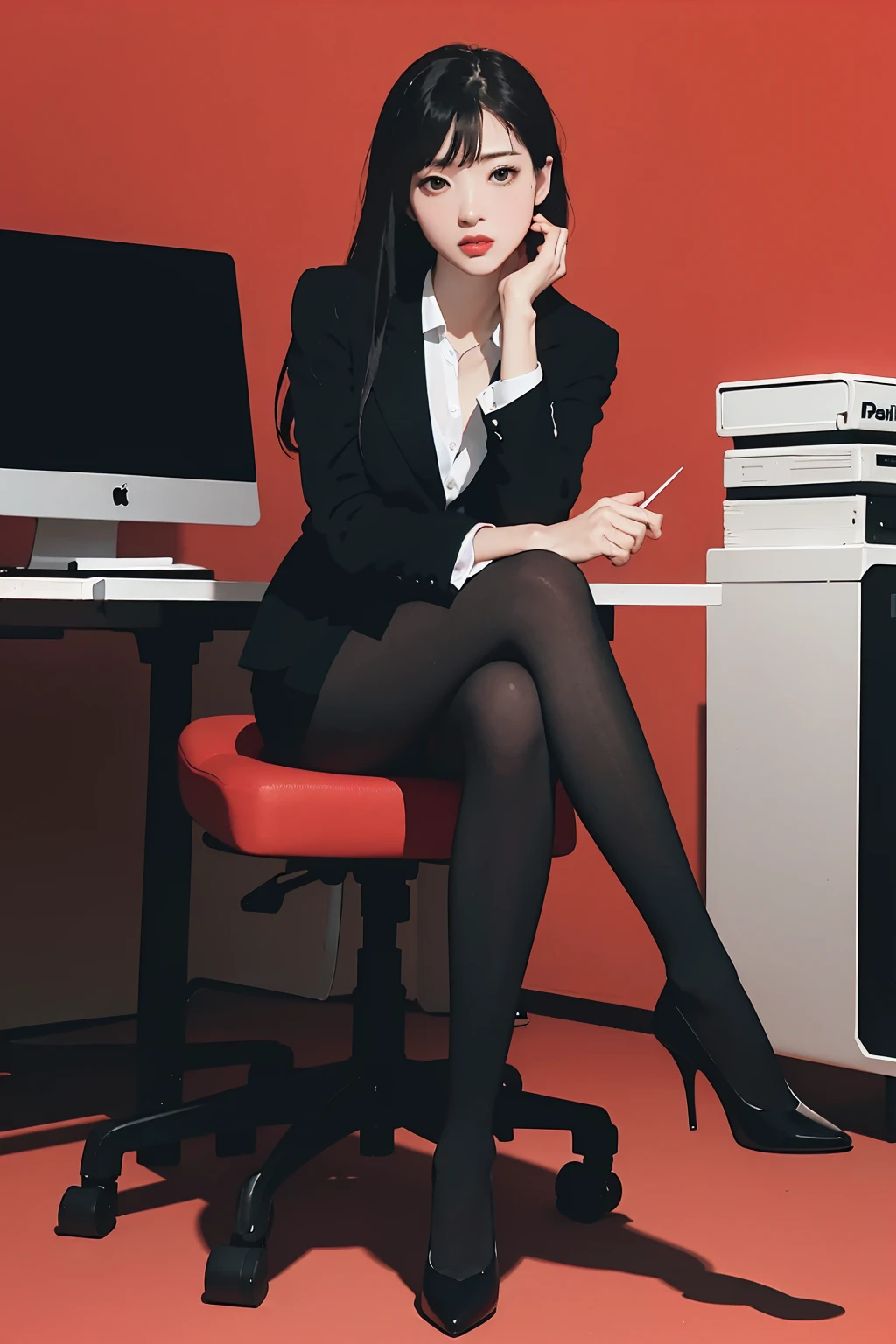 Polaroid black tone low key film, masterpiece, best quality, office lady, heels,  red background,